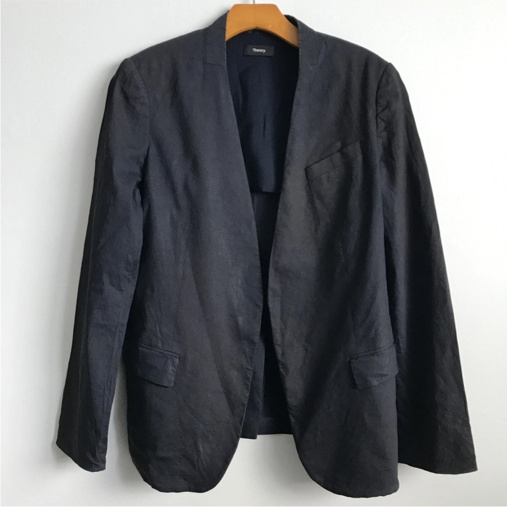 THEORY LINEN NAVY BLUE OPEN FRONT COLLARLESS BLAZER WOMENS 10